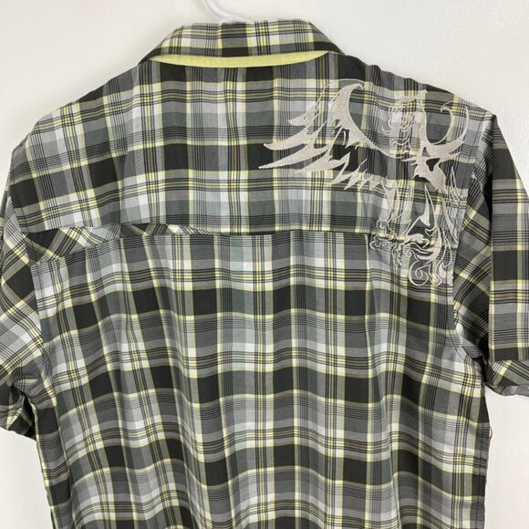 Prana Yellow & Brown Plaid Short Sleeve Shirt with Embroidery Design - Picture 10 of 11